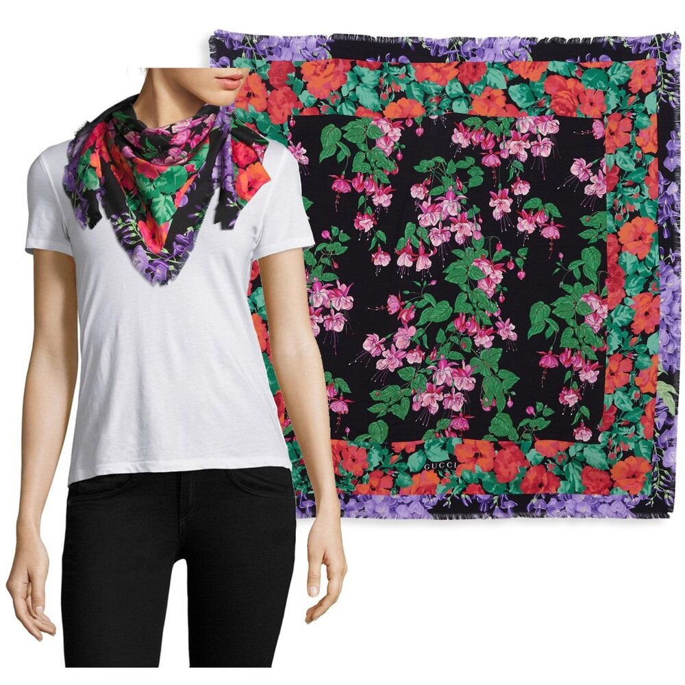 GUCCI SCARF LENIS FLORAL BLACK MULTICOLOR PRINT w LOGO TWILL SILK SQUARE 35"